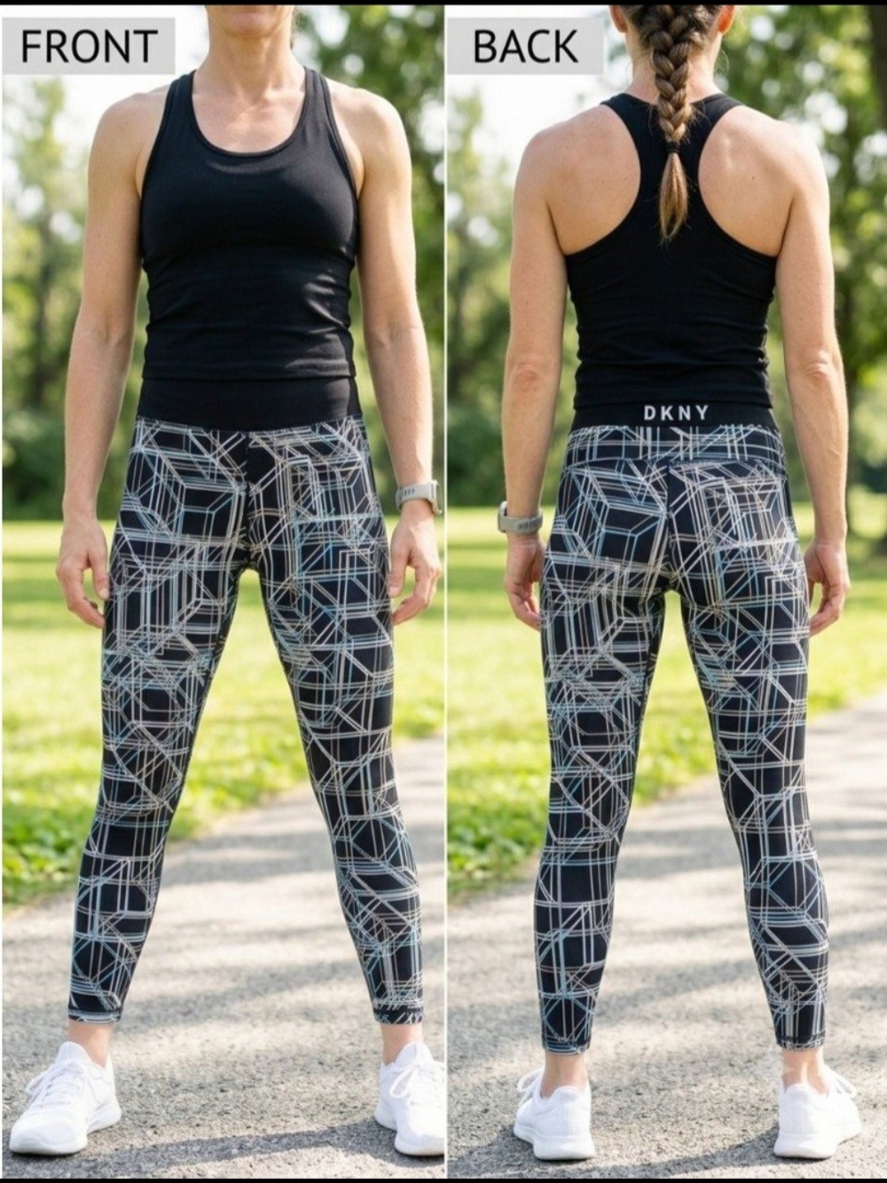 DKNY Black Leggings with White Geometric Print. Size M